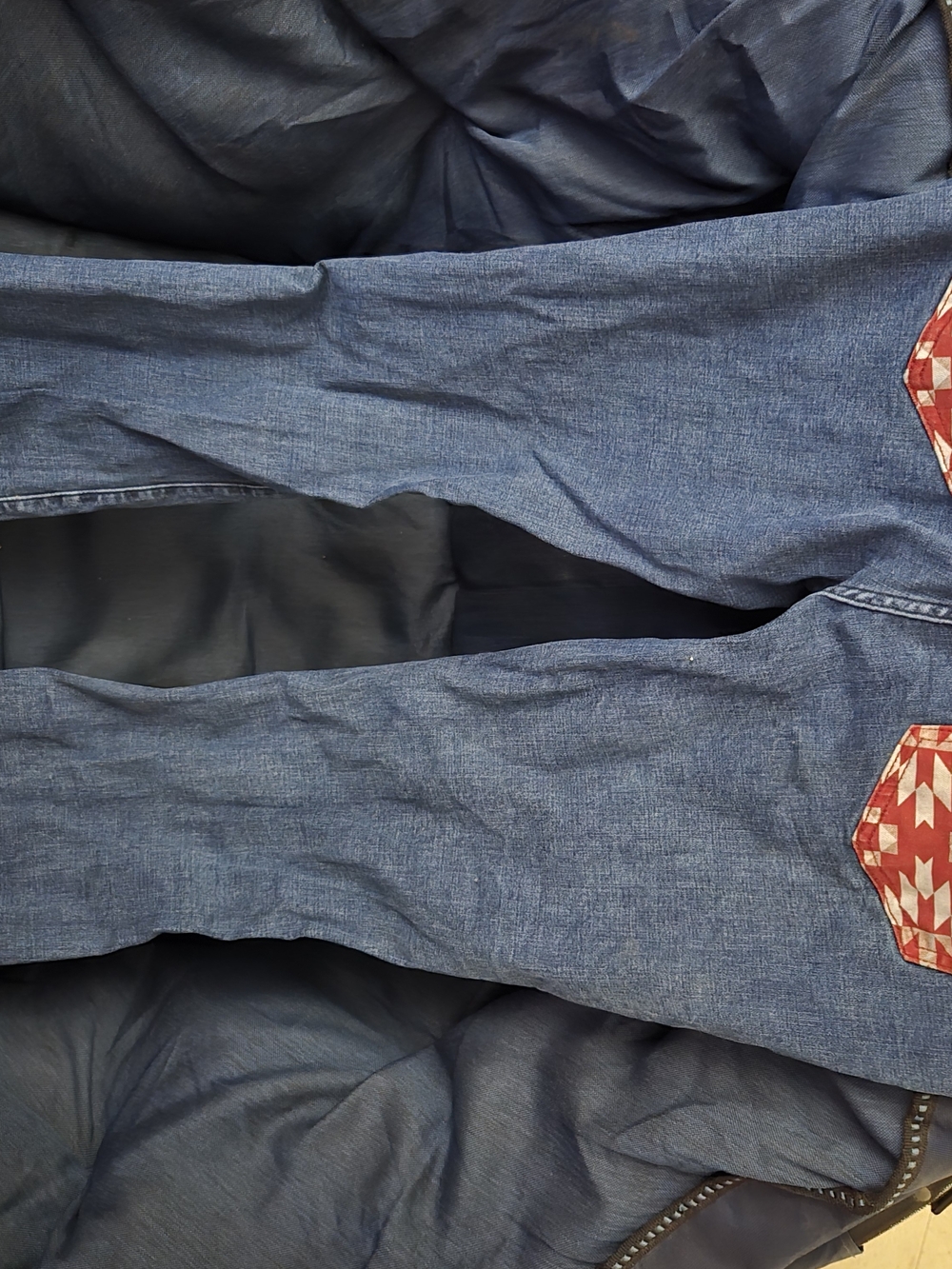 Men's Blue Denim Jeans with Red Patch Detail
